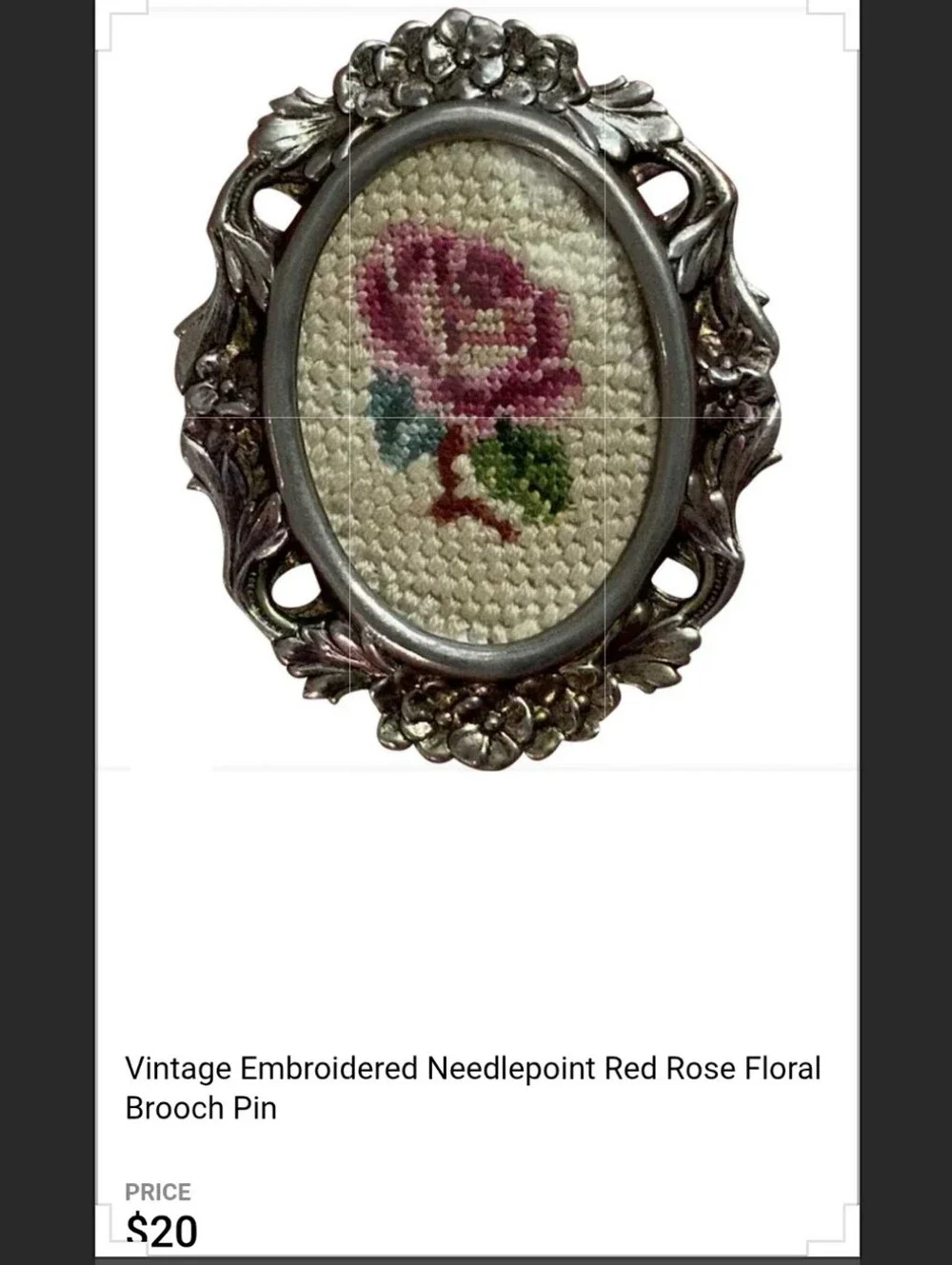 Old Fashioned Rose Needlepoint In Oval Pendant